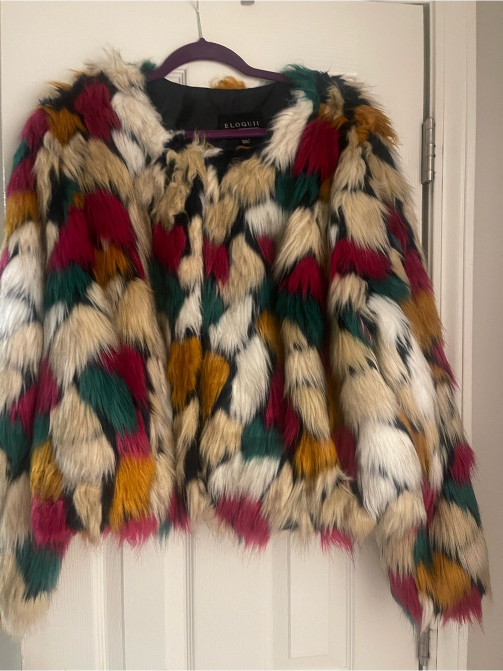 Eloquii Multicolor Faux Fur Coat in Cream, Burgundy & Green